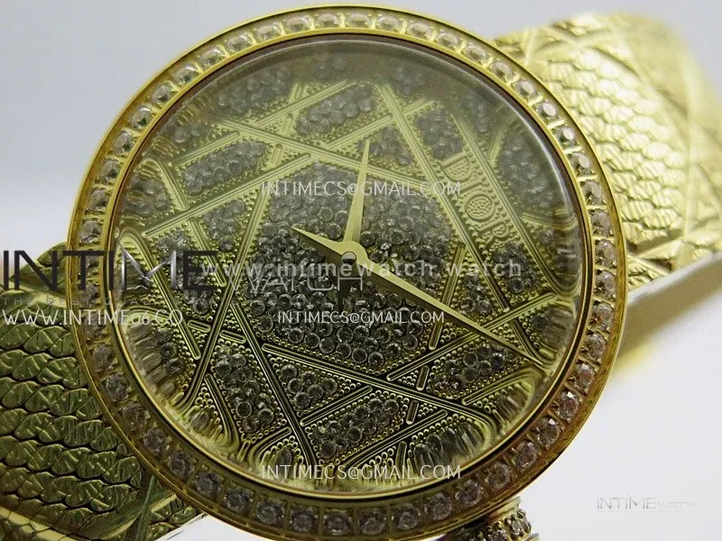 La D de Dior Satine 25mm Diamond Bezel YG 8848F 1:1 Best Edition Gold Dial On YG bracelet Swiss Quartz