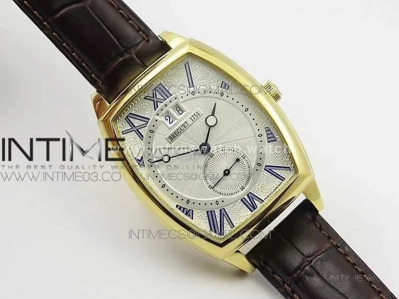 Heritage @12 big date YG HGF White Dial Blue Roman Markers on Brown Leather Strap A23J