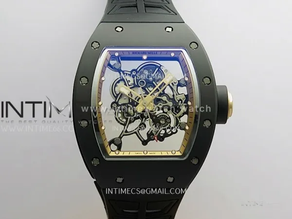 RM055 Black Case Gold Inner Bezel Umi Office 1:1 Best Edition Skeleton Dial Black Rubber Strap RMUL2 Super Clone (Free Sprung)