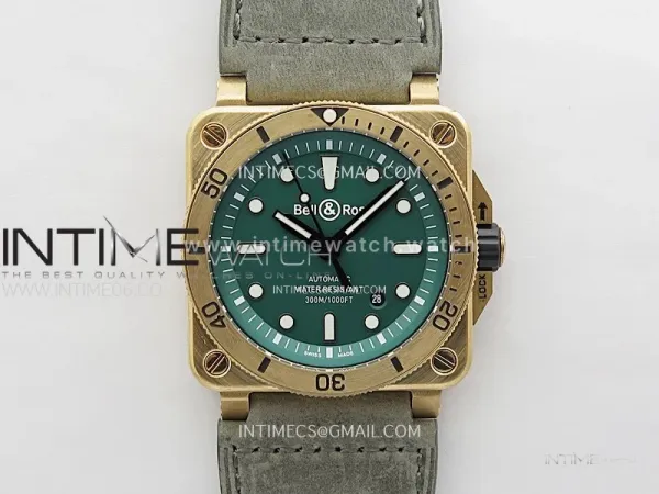 BR 03-92 Diver Ceramic Bezel Bronze B12 1:1 Best Edition Green Dial on Gray Leather Strap A2824 (Free Black Rubber Straps)