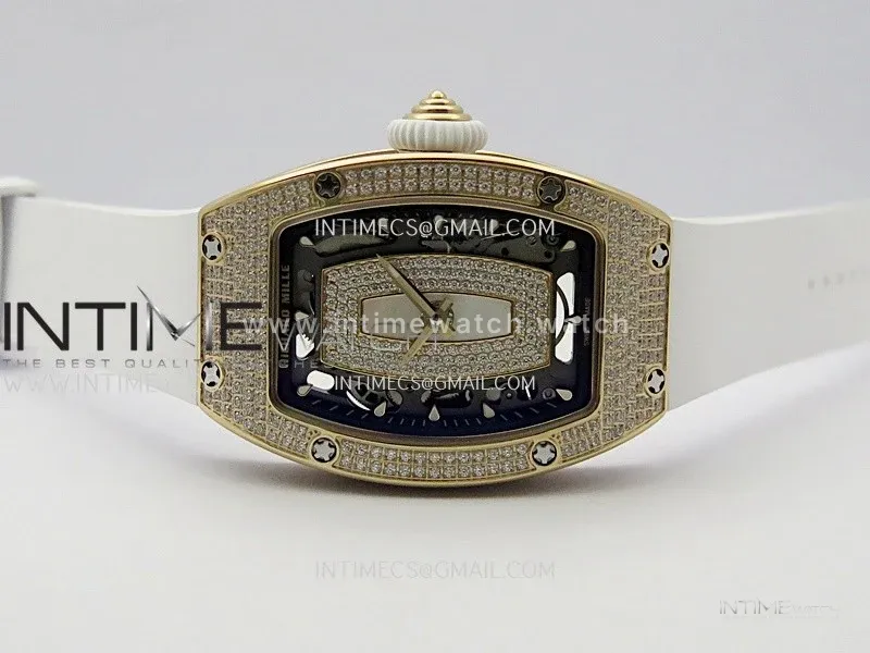 RM07 Full Paved Diamond RG ZF Best Edition White Diamond Skeleton Dial On White Rubber Strap Asian CRMA2 Clone