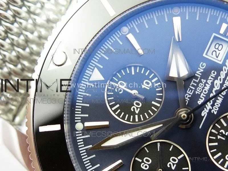 SuperOcean A13312 46mm Black Ceramic Bezel Blue Dial/black subdial on SS Bracelet A7750