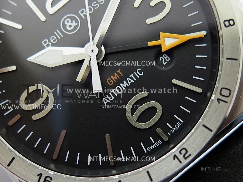 BR03-93 GMT SS B12 Best Edition Black Dial 42mm On Black Leather Strap A2836