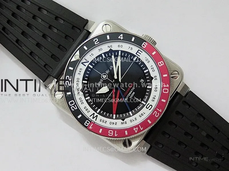 BR03 GMT Compass Black/Red Bezel SS B12 Black Dial 42mm On Black Perforated Rubber Strap A2836 (Free Nylon Strap)