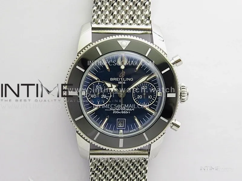 SuperOcean Heritage Chrono 42mm Black Ceramic Bezel B50 Blue Dial On SS Mesh Bracelet A7750