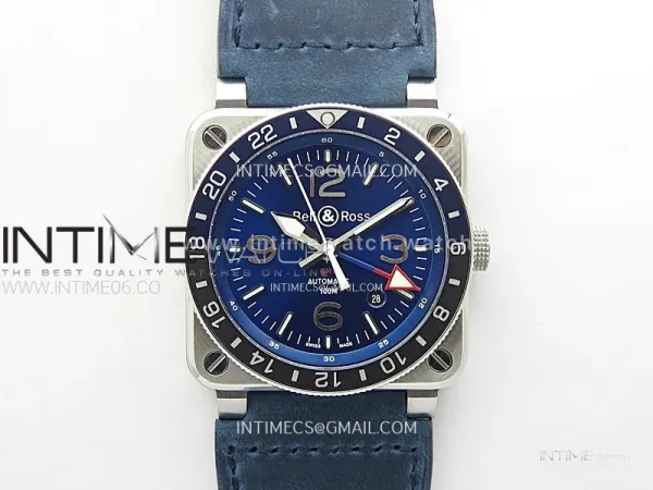 BR03-93 GMT Blue/Black Bezle SS B12 Best Edition Blue Dial on Blue Leather Strap A2836 (Free Leather Strap)