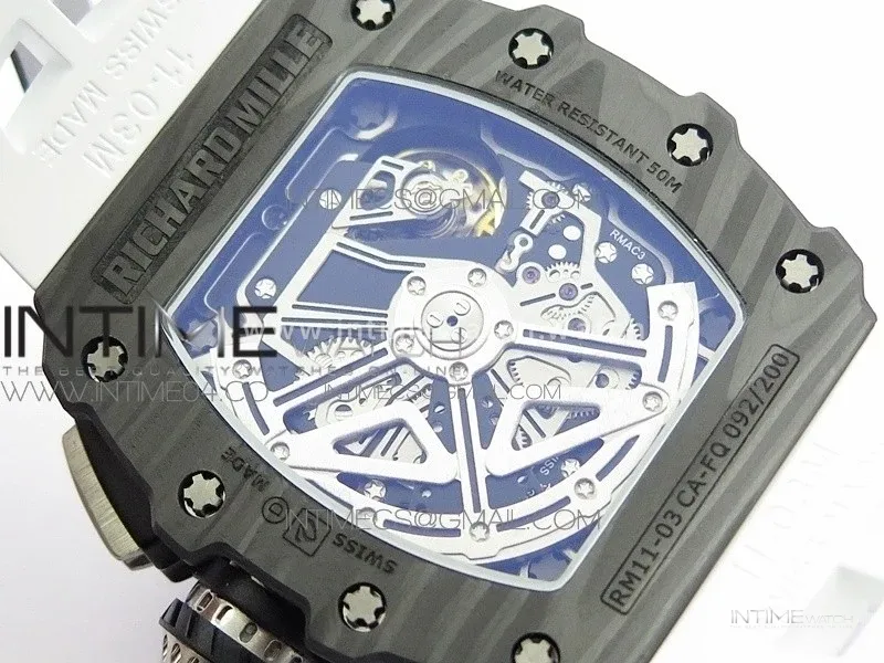 RM011 Carbon Case Chrono KVF 1:1 Best Edition Crystal Skeleton Yellow Dial on White Rubber Strap A7750