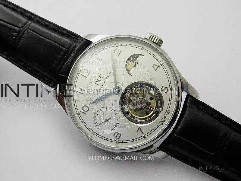 Portuguese Tourbillon Power Reserve SS AXF White Dial Sliver Numbers moonphase on Black Leather Strap