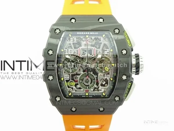 RM011 Carbon Case Chrono KVF 1:1 Best Edition Crystal Skeleton Yellow Dial on Orange Rubber Strap A7750