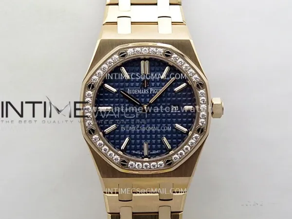 Lady Royal Oak 33mm 67651 Diamonds Bezel RG ZF 1:1 Best Edition Blue Textured Dial on RG Bracelet RONDA Quartz