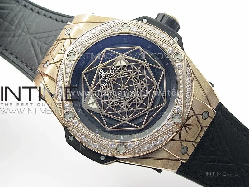 Big Bang Sang Bleu RG Ti Crystal Bezel WWF 1:1 Best Edition Black Skeletonal Dial On Black Gummy Strap Asian HB1213 V2