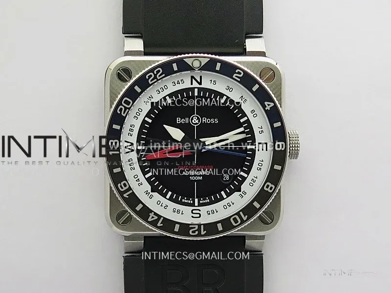 BR03 GMT Compass Blue/Black Bezel SS B12 Best Edition Black Dial 42mm On Black Rubber Strap A2836 (Free Nylon Strap)
