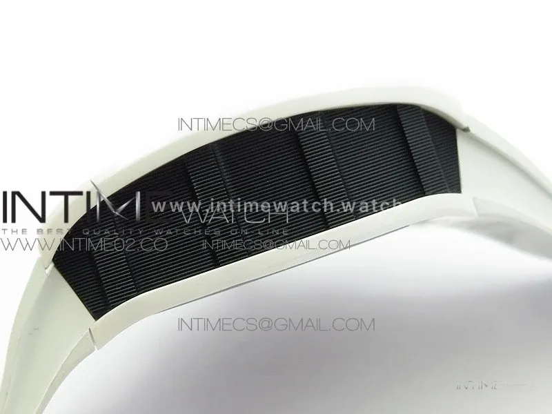 RM011 Carbon Case Chronograph KVF 1:1 Best Edition White Ceramic Bezel Skeleton Dial on White Rubber Strap A7750
