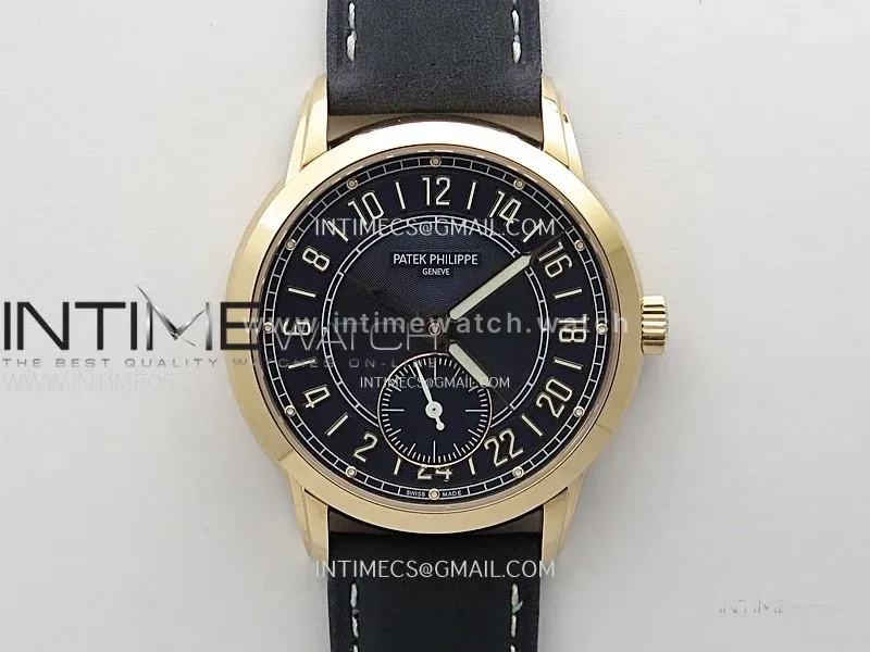 Calatrava 5224R-001 Pilot Travel Time RG GRF Blue Dial on Black Leather Strap A260