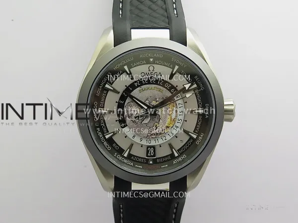 Aqua Terra 150M World Time 24 Hours Ti/Ceramic VRS 1:1 Gray Dial On Black Rubber Strap Super Clone 8938