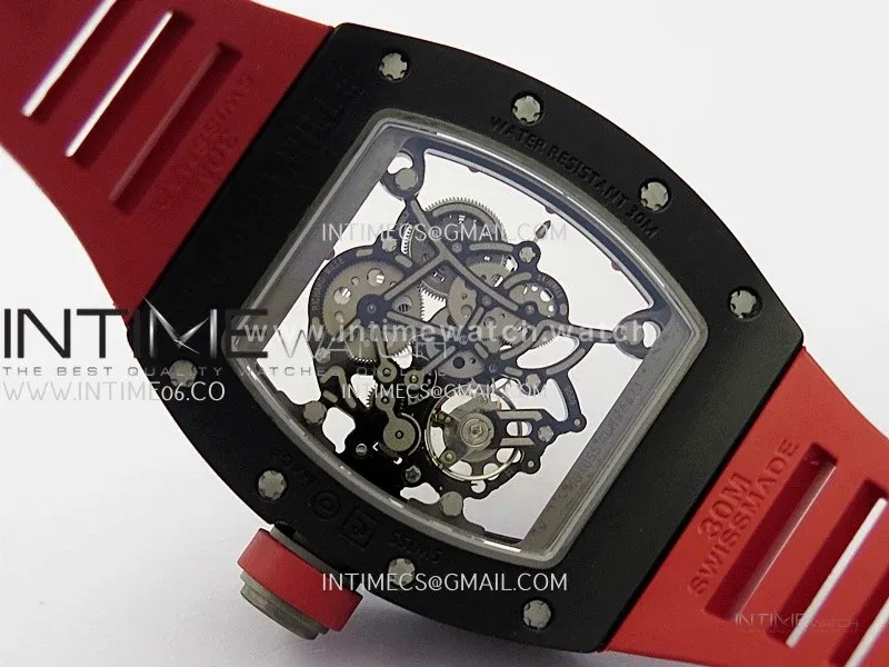 RM055 Black Ceramic Red Inner RMF Best Edition Skeleton Dial On Red Rubber Strap RMUL2 Super Clone