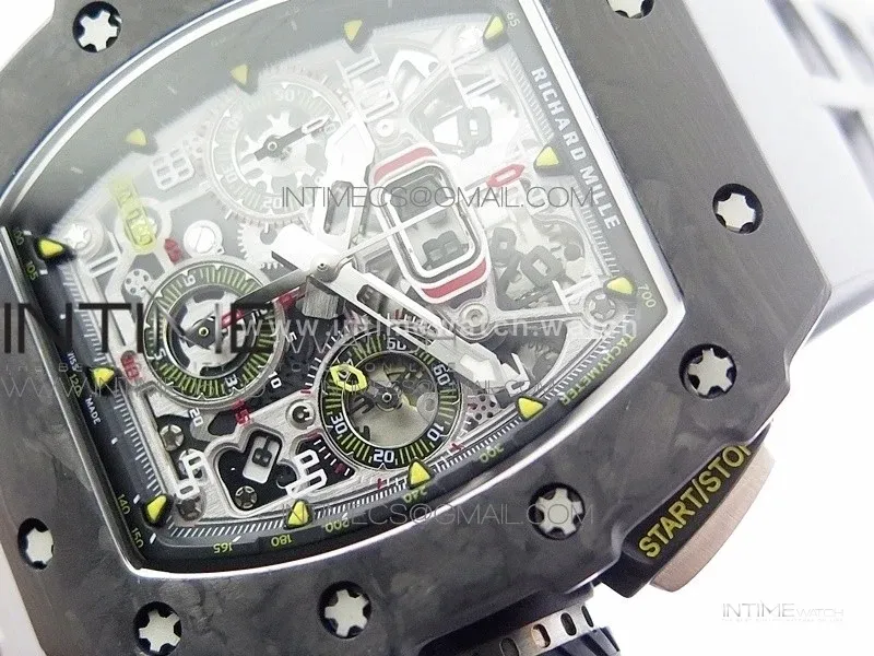 RM011 Carbon Case Chrono KVF 1:1 Best Edition Crystal Skeleton Yellow Dial on Gray Rubber Strap A7750 V2
