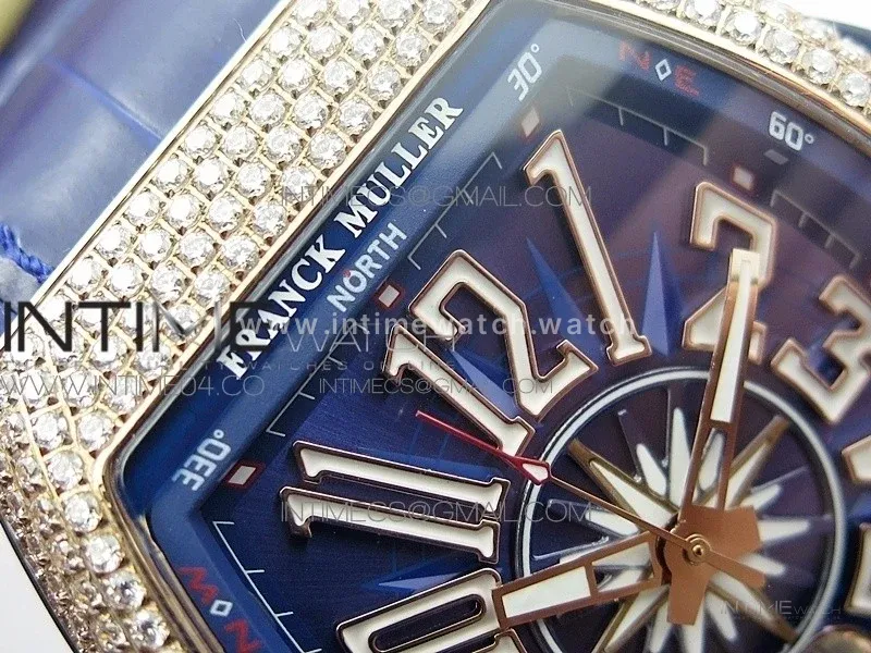 Vanguard V45 RG Full Diamonds Blue Textured Numbers Markers on Blue Gummy Strap A2813