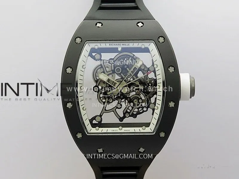 RM055 Black Ceramic White Inner RMF Best Edition Skeleton Dial On Black Rubber Strap RMUL2 Super Clone