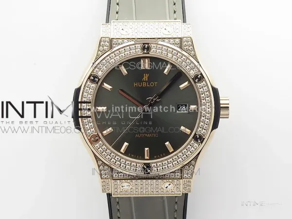 Classic Fusion 42mm RG Paved Diamonds Case/Bezel B50F Gray Dial On Gray Gummy Strap A2892