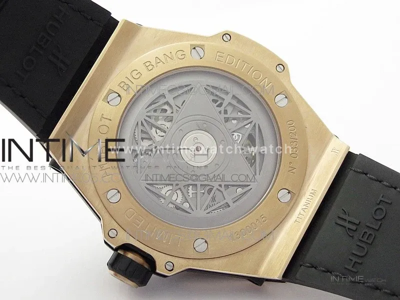 Big Bang Sang Bleu RG Ti Crystal Bezel WWF 1:1 Best Edition Black Skeletonal Dial On Black Gummy Strap Asian HB1213 V2