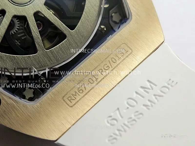 Mille Studio RM67-01 Real Power Reserve RG Black Skeleton Dial On White Rubber Strap CRMA7 Clone (Free Velcro Strap And Tool)