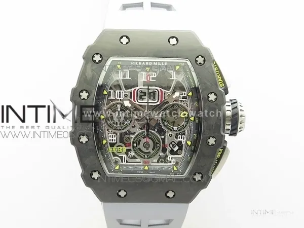 RM011 Carbon Case Chrono KVF 1:1 Best Edition Crystal Skeleton Yellow Dial on Gray Rubber Strap A7750 V2