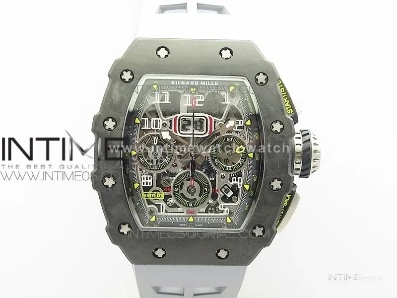 RM011 Carbon Case Chrono KVF 1:1 Best Edition Crystal Skeleton Yellow Dial on Gray Rubber Strap A7750 V2