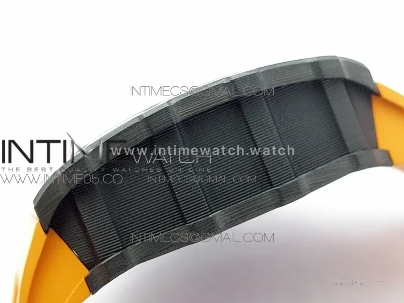 RM011 Carbon Case Chrono KVF 1:1 Best Edition Crystal Skeleton Yellow Dial on Orange Rubber Strap A7750 V2