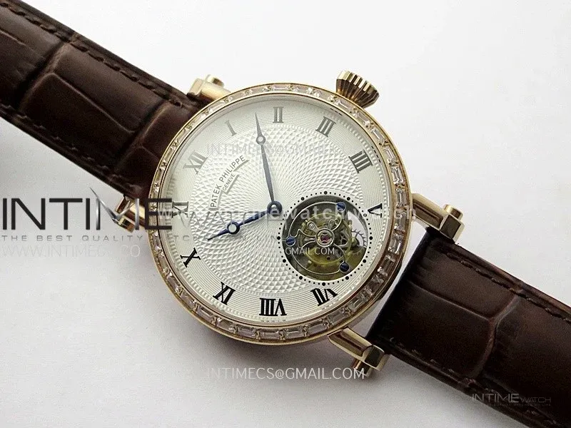 Classic Tourbillon RG/Diamonds Bezel AXF White Textured Dial On Black Leather Strap EQ5210