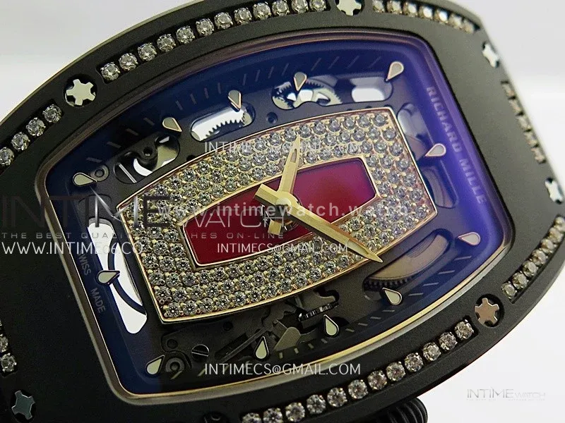 RM07 Real Black Ceramic Diamond Bezel YG ZF Best Edition Red MOP Diamond Skeleton Dial On Black Rubber Strap Asian CRMA2 Clone