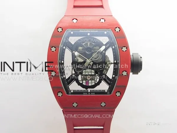 RM052 Skull Red Carbon Real Tourbillon YSF 1:1 Best Edition Skull Dial on Red Rubber Strap