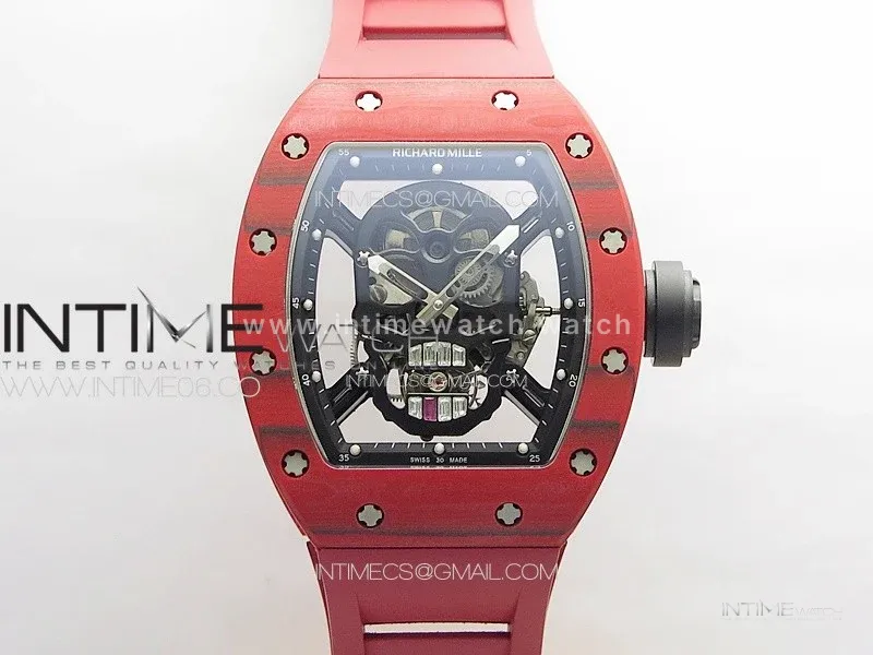 RM052 Skull Red Carbon Real Tourbillon YSF 1:1 Best Edition Skull Dial on Red Rubber Strap