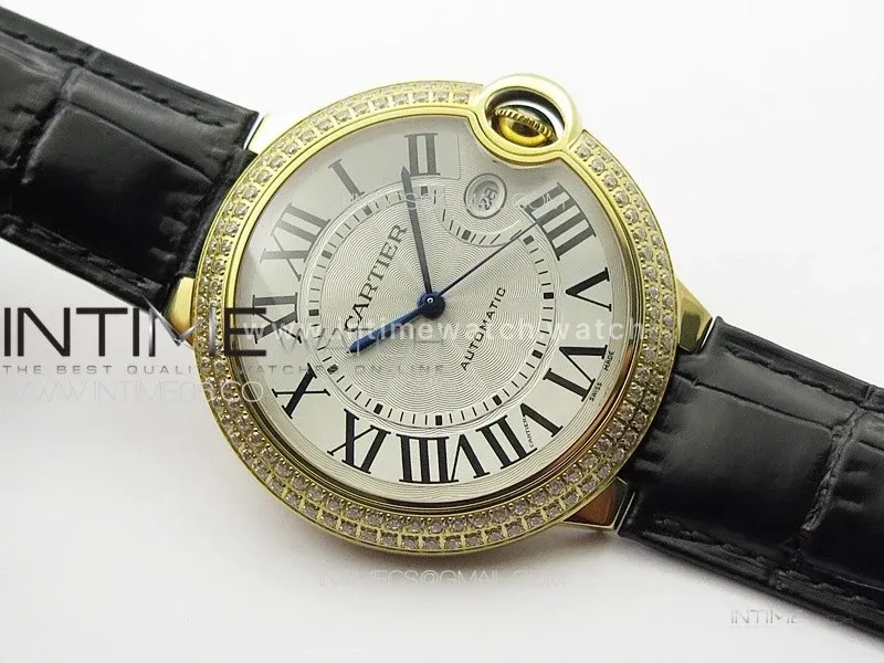 Ballon Bleu 42mm Double Diamonds Bezel RG 3KF 1:1 Best Edition White Texture Dial on Black Leather Strap A2824