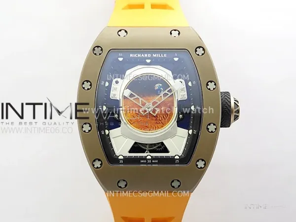 RM052-05 Brown Ceramic Bezel Carbon Case YSF Best Edition Skeleton Dial on Orange Rubber Strap Tourbillon