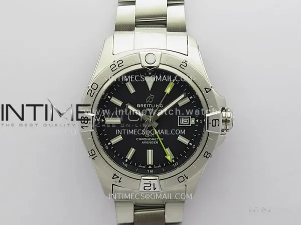 Avenger Chronometer 42mm GMT Yellow Second Hand SS BLSF 1:1 Best Version Black Dial On SS Bracelet A2836
