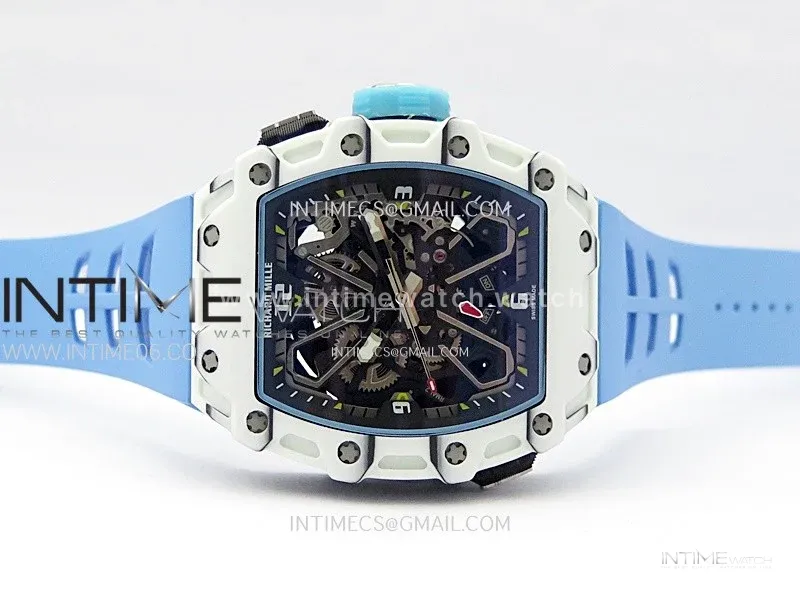 RM035-03 White Carbon/Blue Crown Z Factory Skeleton Dial on Blue Rubber Strap Asian Skeleton movement