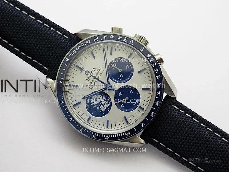 Speedmaster Professional Snoopy SS SMF 1:1 Best Edition Silver Dial Blue Marker On Blue Nylon Strap A3861(Free SS Bracelet)
