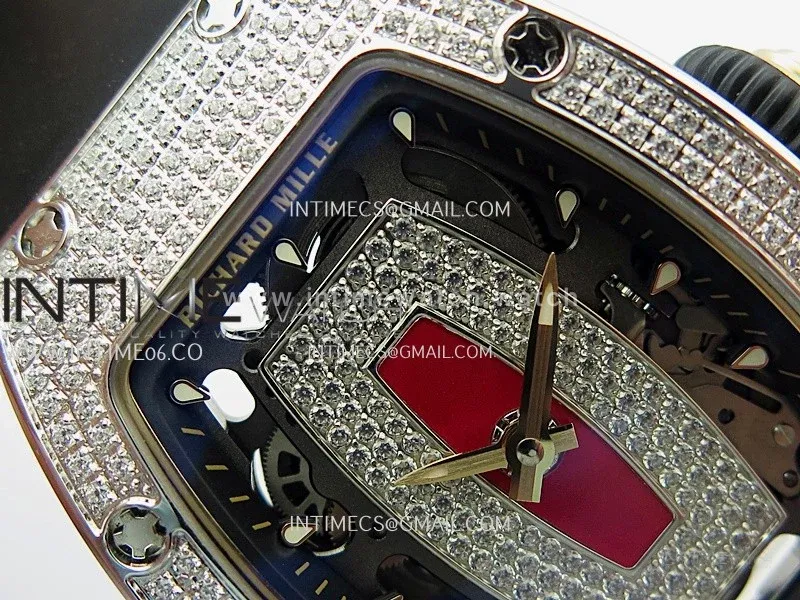 RM07 Full Paved Diamonds SS ZF Best Edition Red Diamond Skeleton Dial On Black Rubber Strap Asian CRMA2 Clone