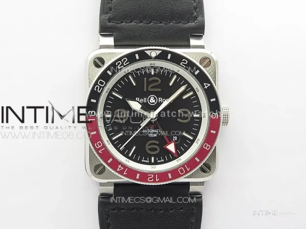 BR03-93 GMT SS B12 Black Dial on Black Leather Strap A2836 V2 (Free Leather Strap)