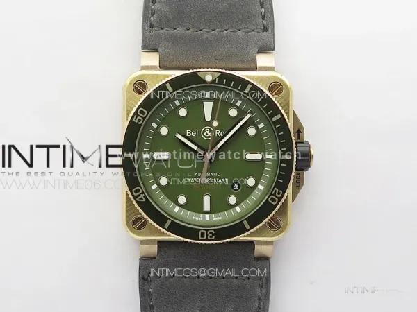 BR 03-92 Diver Ceramic Bezel Bronze B12 1:1 Best Edition Green Dial on Gray Leather Strap A2824 (Free Rubber Strap)