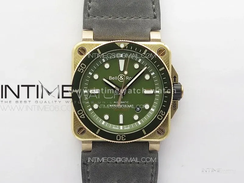 BR 03-92 Diver Ceramic Bezel Bronze B12 1:1 Best Edition Green Dial on Gray Leather Strap A2824 (Free Rubber Strap)