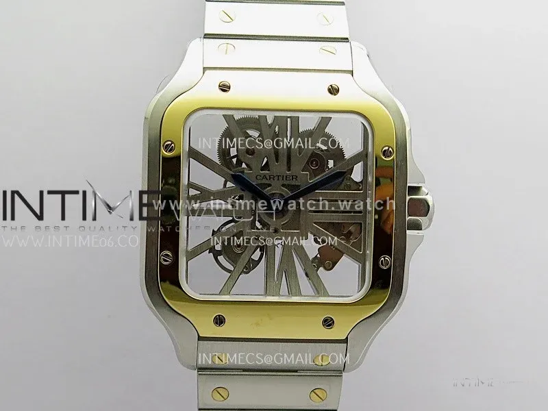 Santos Black SS/YG Rich Factory 1:1 Skeleton Silver Dial On SS/YG SmartLink Bracelet 9611MC Super Clone (Free Leather Strap)