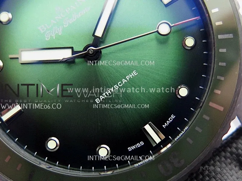 Fifty Fathoms Bathyscaphe Green Ceramic GF 1:1 Best Edition Green Ombre Dial On Black Sail-Canvas Strap A1315(Free Rubber Strap)