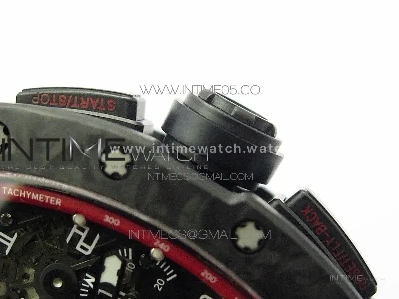 RM011 Carbon Case Carbon Bezel Chronograph KVF 1:1 Best Edition Skeleton Dial(Red Inner Bezel) on Black Rubber Strap A7750