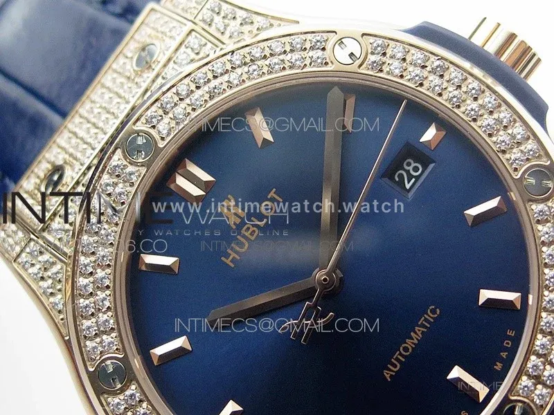 Classic Fusion 42mm RG Paved Diamonds Case/Bezel B50F Blue Dial On Blue Gummy Strap A2892