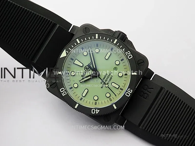 Instruments BR03A-D Ceramic M+F 1:1 Best Edition Green Lumed Dial on Rubber Strap MIYOTA 9015 (Free Nylon Strap) V3