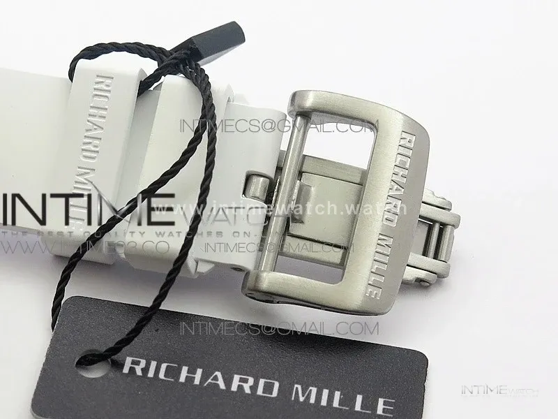 RM011 Carbon Case (Blue markers) Chronograph KVF 1:1 Best Edition White Ceramic Bezel Skeleton Dial on White Rubber Strap A7750