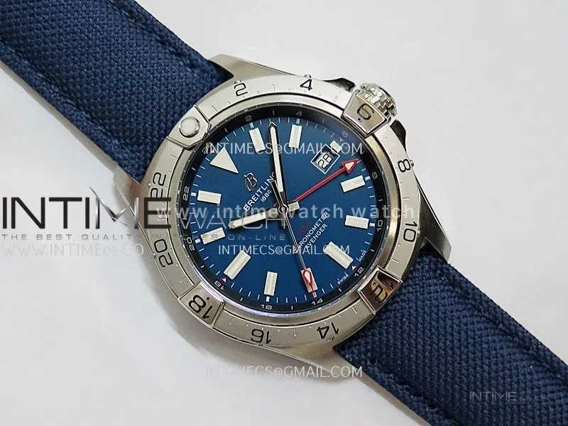 Avenger Chronometer 42mm GMT SS BLSF 1:1 Best Version Blue Dial On Blue Nylon Strap A2836