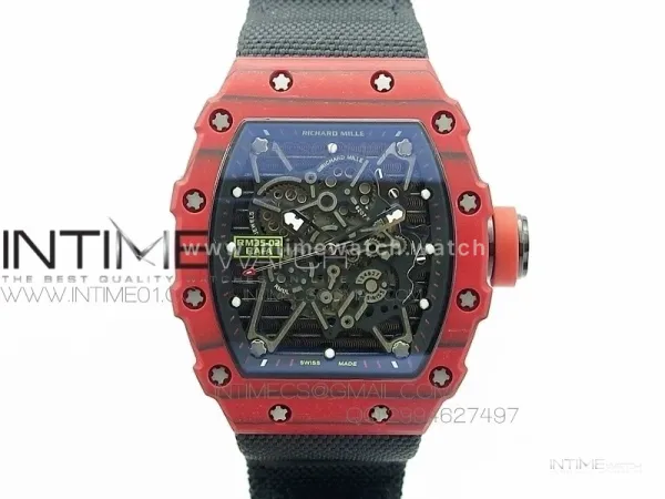 RM 035-2 Red Forged Carbon Black Inner Bezel Skeleton Dial on Black Nylon Strap MIYOTA9015